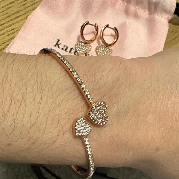 Kate Spade New York Rose Gold Crystal Heart Bangle with Matching Hoop Earrings - Picture 6 of 8